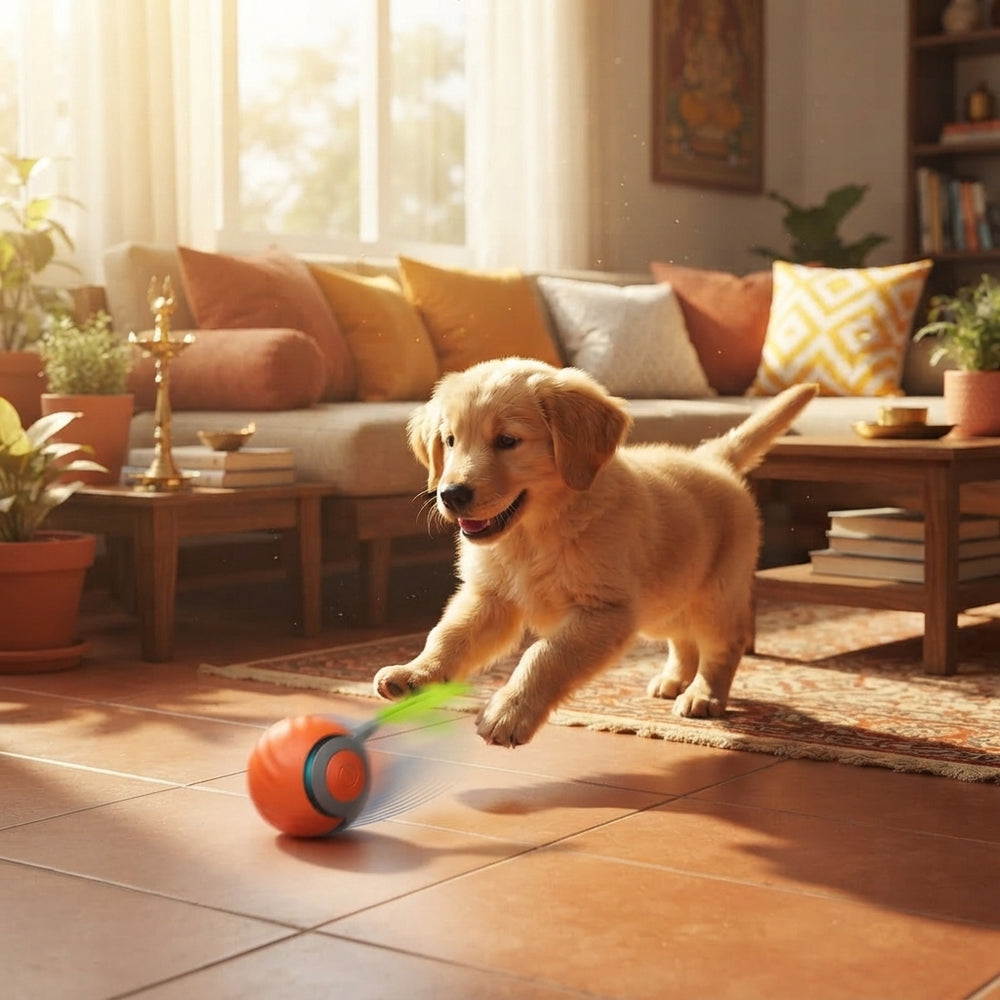 A golden retriever puppy chasing a motorized rolling ball toy across a bright living room floor in a modern Indian home.