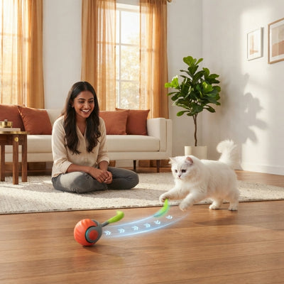 A South Asian woman watches her cat play with a rolling ball toy in a sunlit, modern living room with terracotta accents.