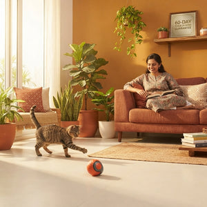 A South Asian woman watching her cat play with a rolling ball toy in a sunlit, modern living room with warm decor.