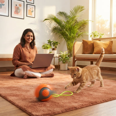 A South Asian woman working at home while her cat plays with a rolling ball toy on a terracotta rug in a modern living room.
