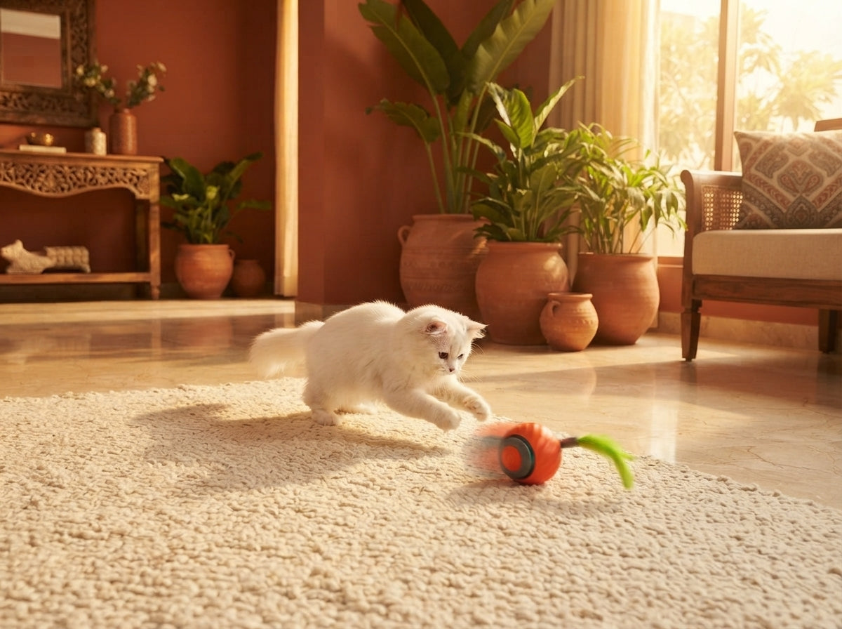 A cat playing with a motorized ball toy on a rug in a sunlit Indian living room with terracotta and amber decor.