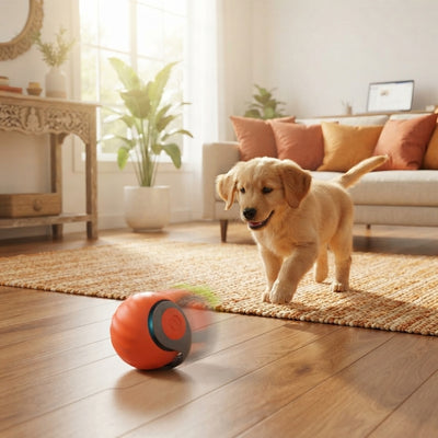 A rolling ball pet toy moving across a hardwood floor in a sunlit living room with a playful puppy chasing it.