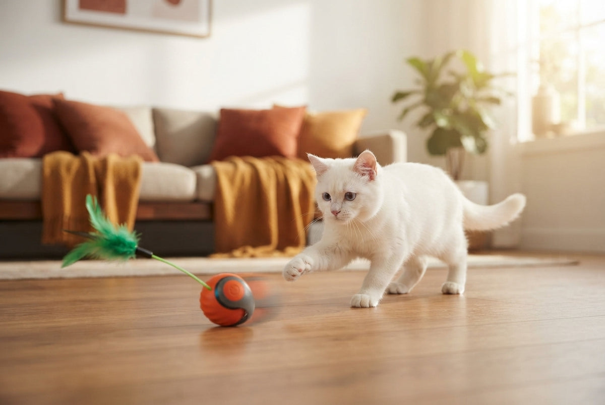 A cat playing with a rolling toy in a sunlit living room with terracotta and amber decor.